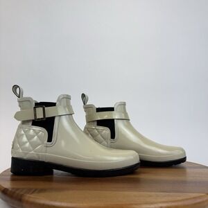 Womens Hunter Refined Quilted Gloss Beige Buckle‎ Chelsea Ankle Boots Size 7 M